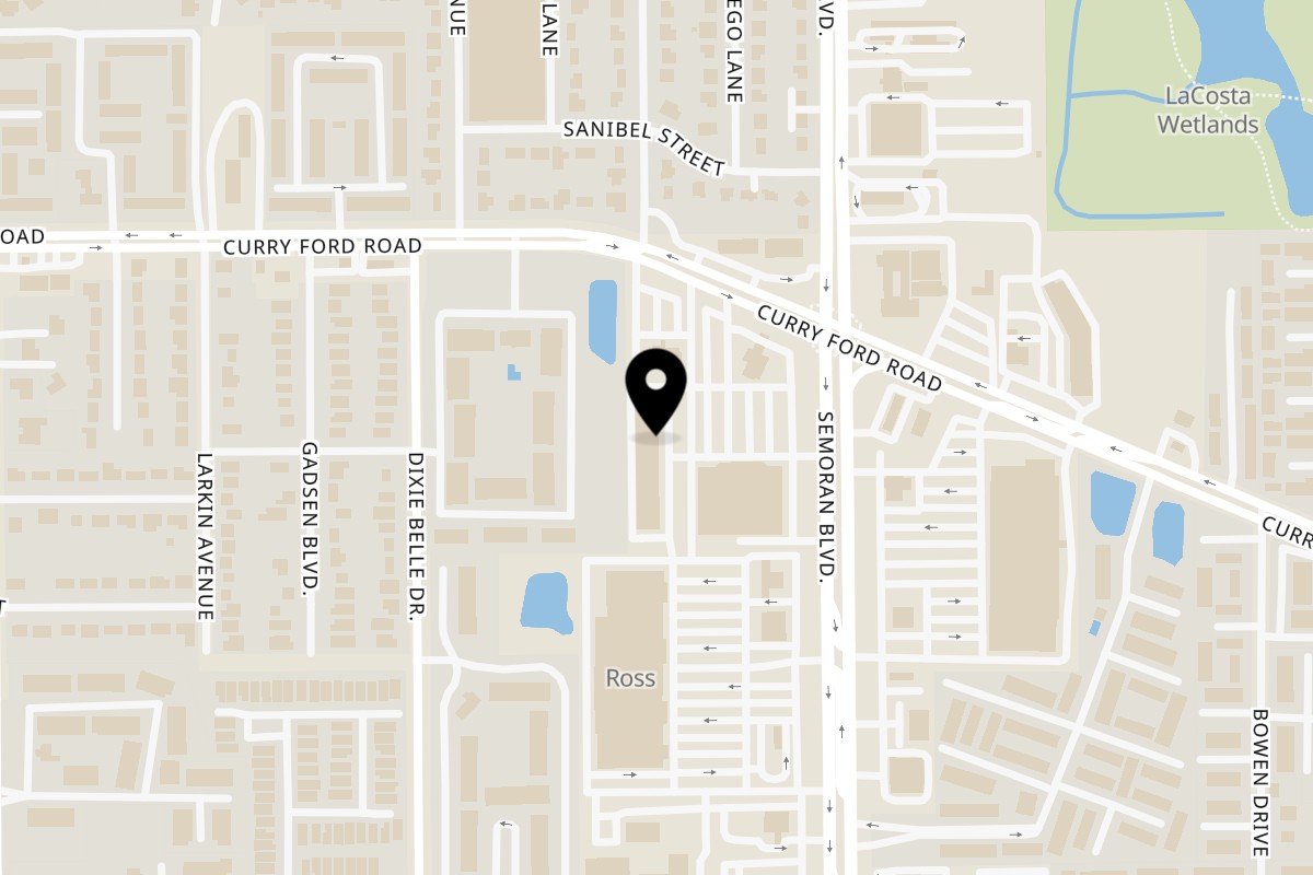 Map showing the location of Vecinos' Bakery on 1710 Woolco Way in Orlando